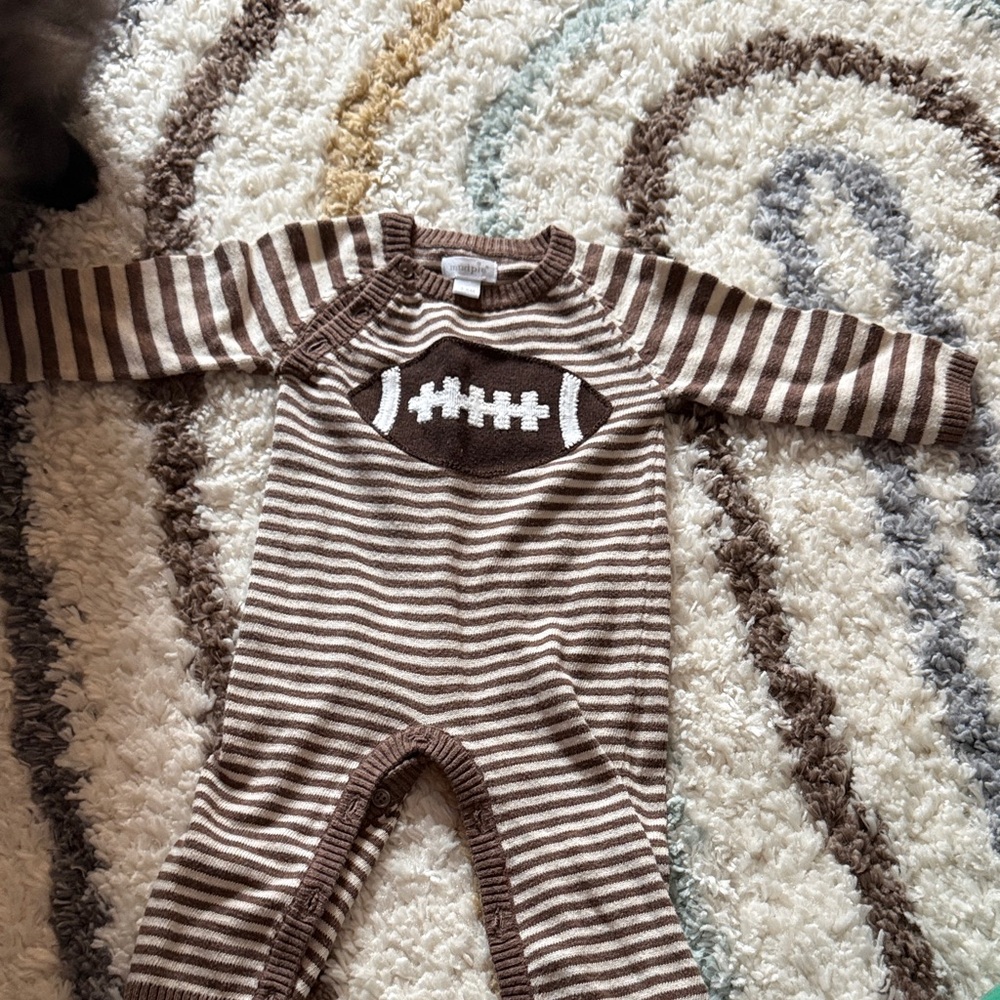 Mud Pie Brown and White Striped Football Baby Footie